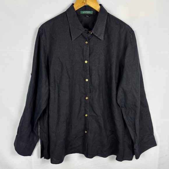 Lauren Ralph Lauren Women's Roll Tab Sleeve 100% Linen Shirt 2X Black Breathable - Picture 1 of 9